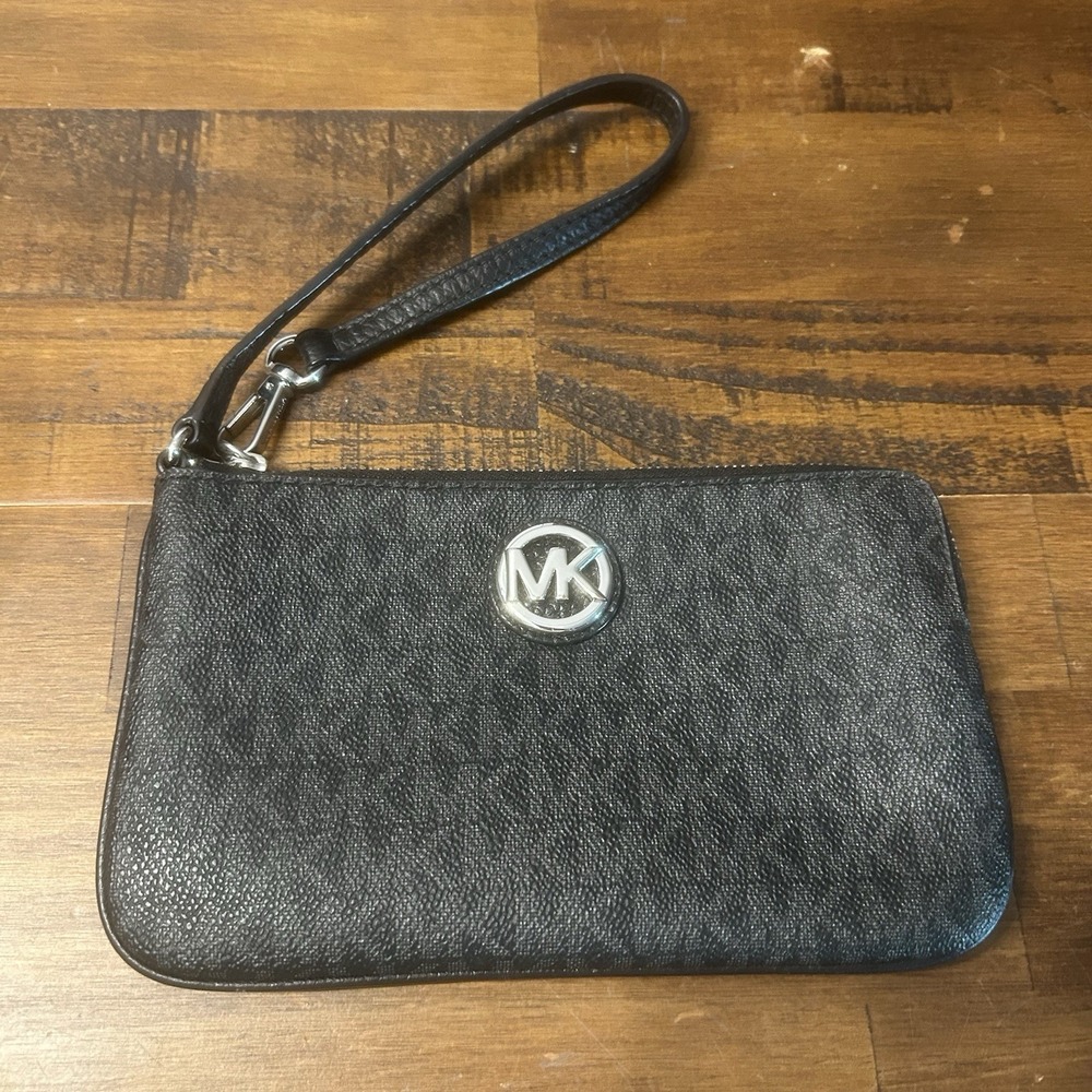 Michael Kors Wristlet Black Jet Set Travel Large Top Zip Signature Clutch Wallet